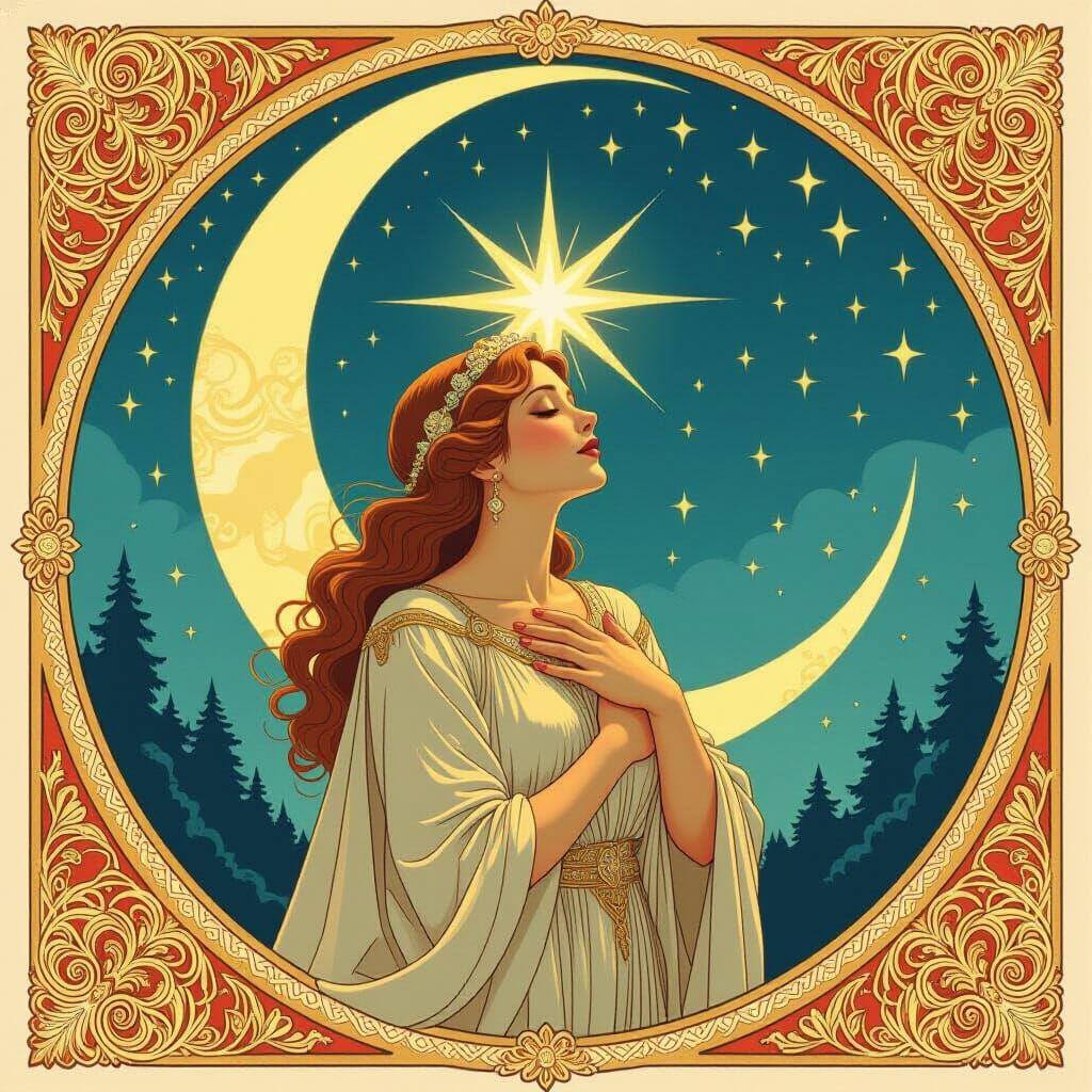 North Star Shines with Moon and Sun, in Art Nouveau Style
