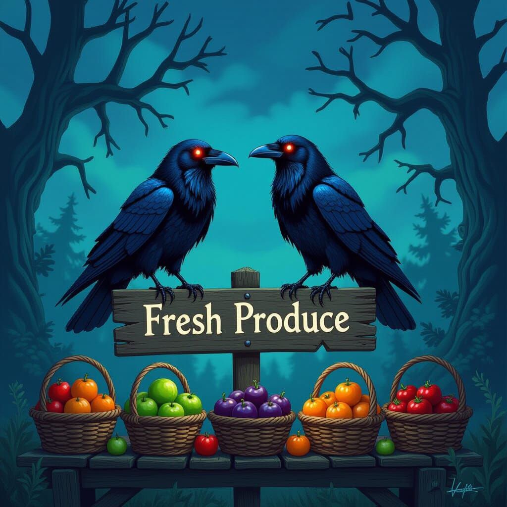 Glowing-Eyed Ravens at Bioluminescent Farmstand