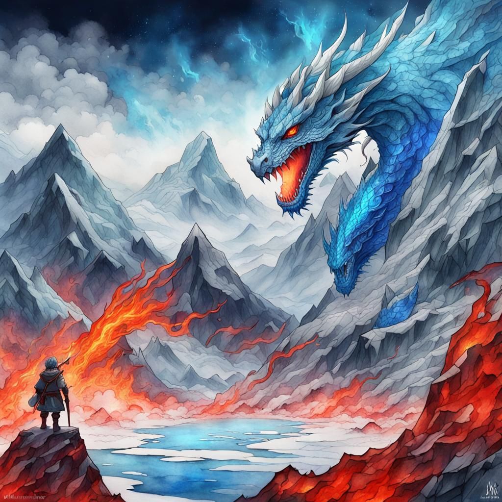 Dwarf in Frozen Mountain Landscape with Dragon Flame