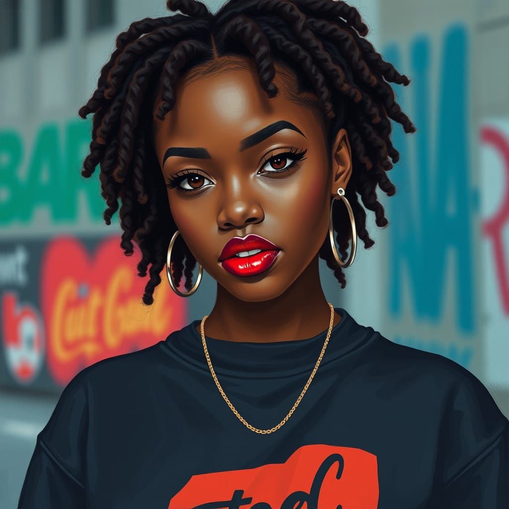 Young African American Woman in Trendy Graphic Tee with Bold...