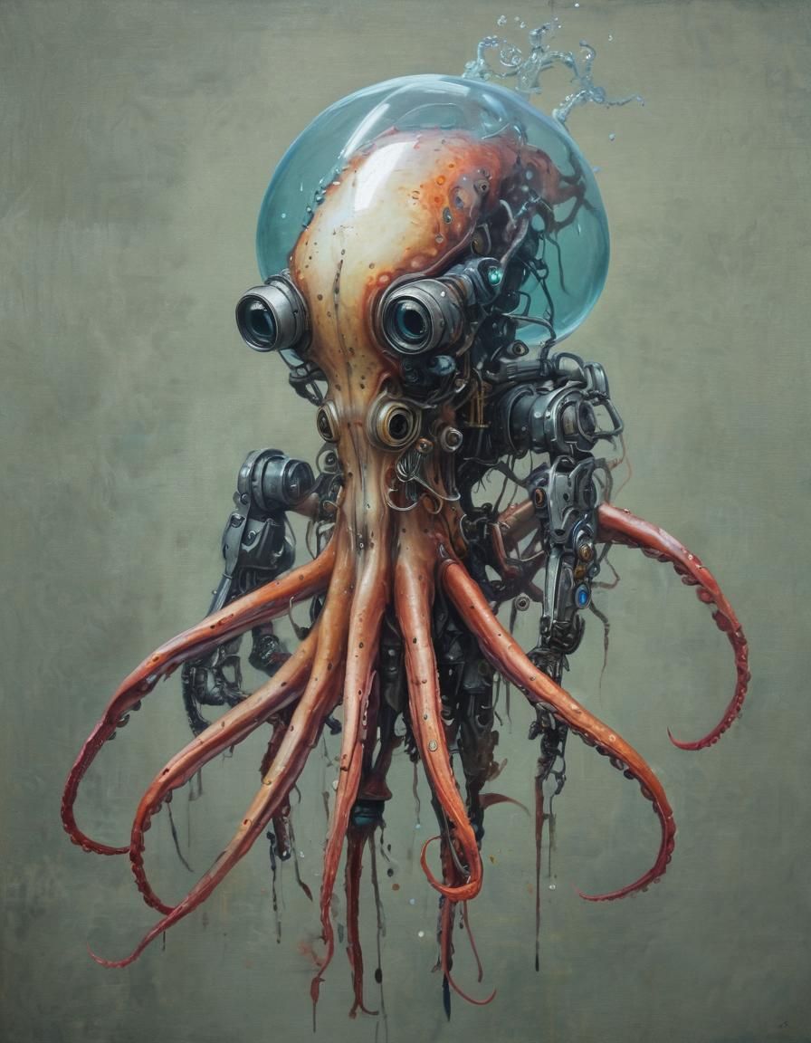 Mecha Biopunk Robot with Squid Head Aquarium