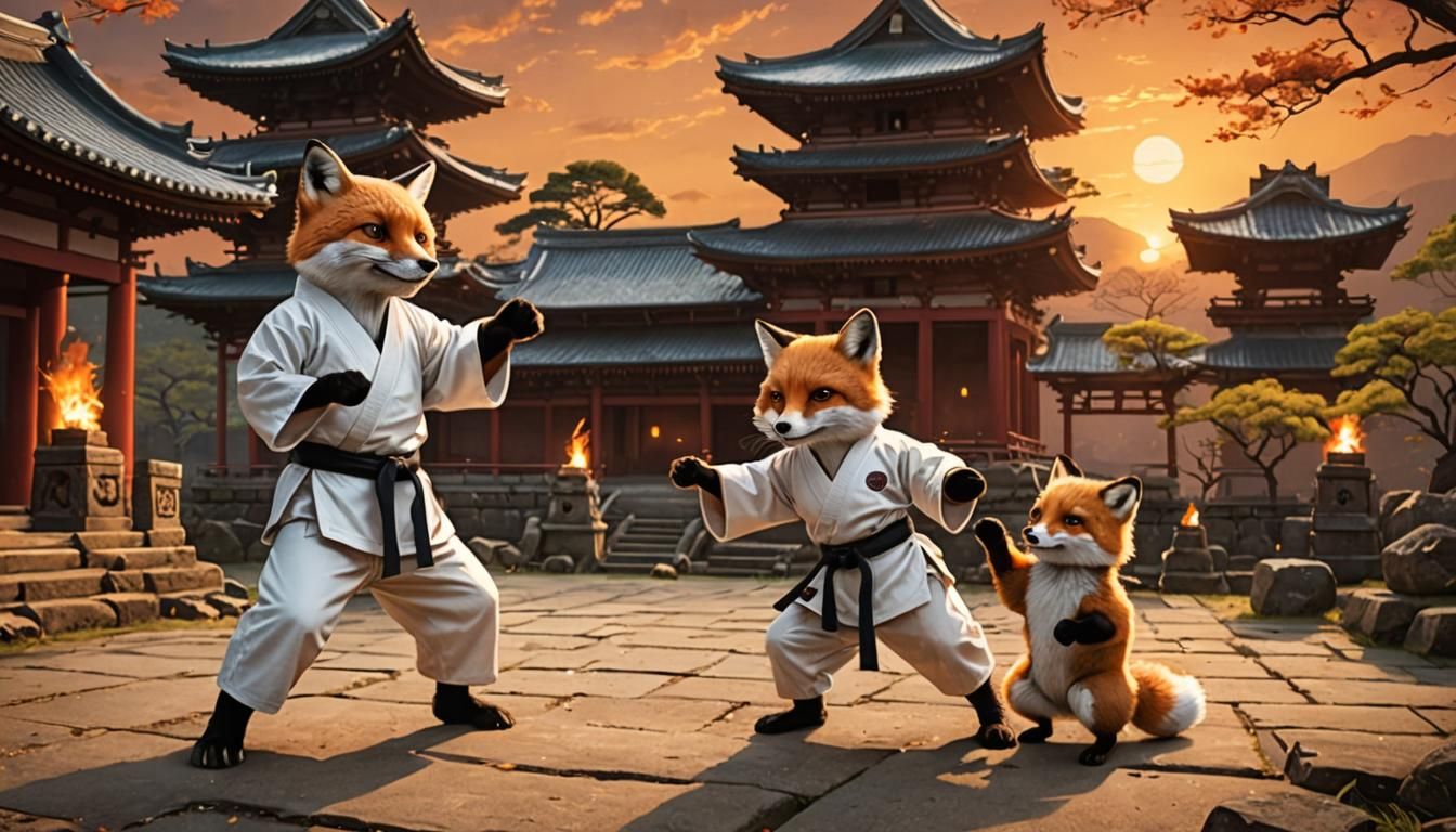 Fox Master and Apprentice Practicing Karate at Sunset