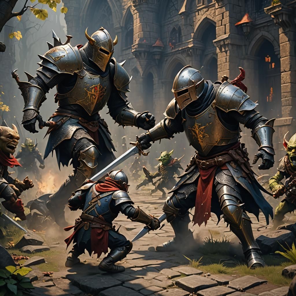Knight Battling Goblin: Detailed Fantasy Concept Art