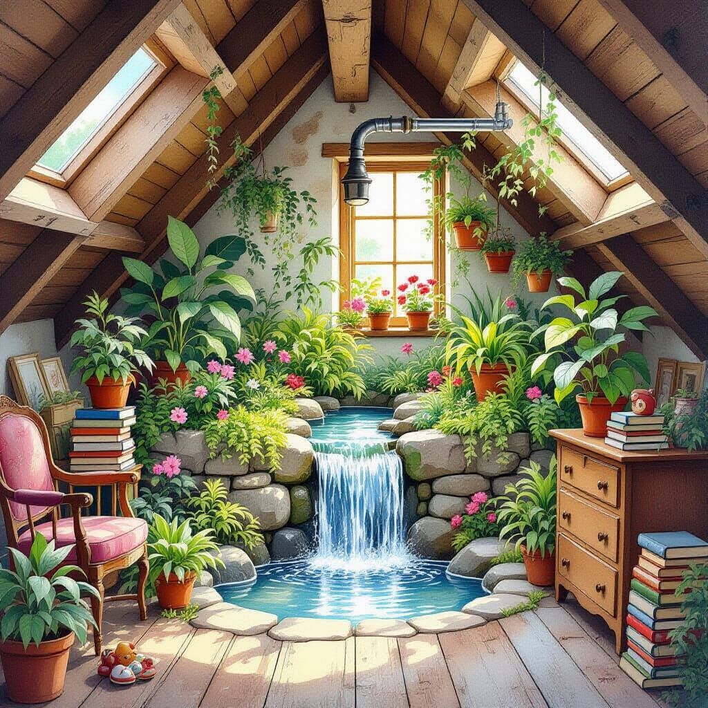 Watercolor Attic Garden Oasis with Waterfall