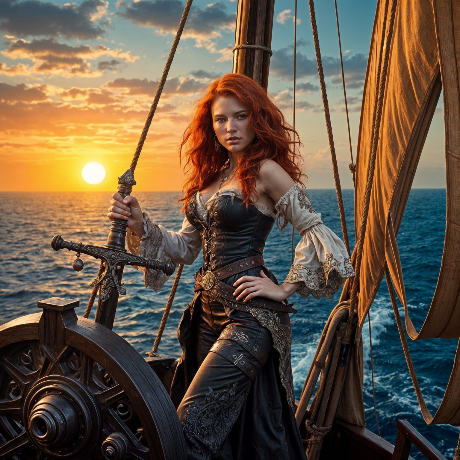 Red-Haired Pirate Queen on a Galleon