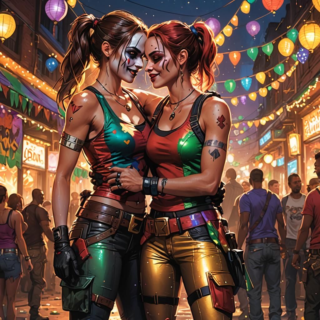 Lara Croft and Harley Quinn Embrace: Comic Book Art