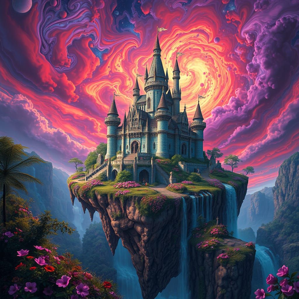 Vibrant Fantasy Castle on Floating Island in Fiery Sky