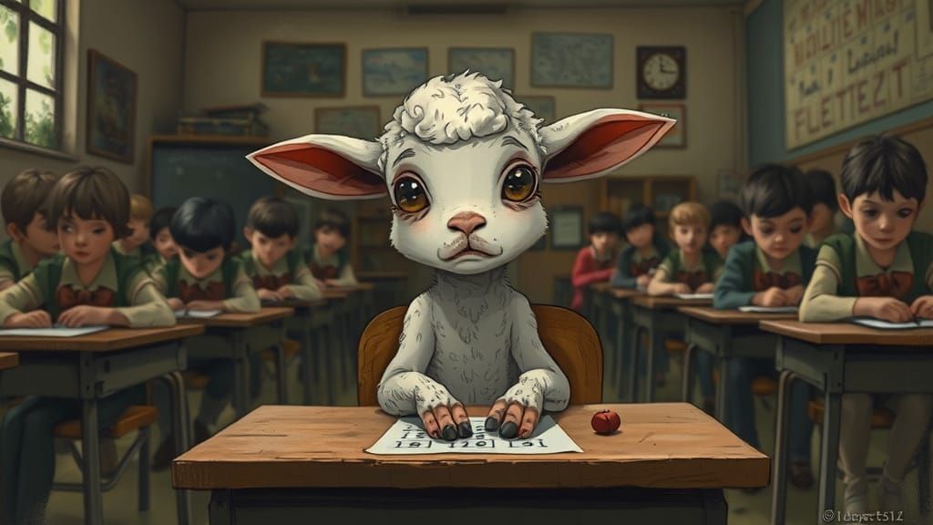 Worried Lamb Takes a Math Test, Whimsical Illustration