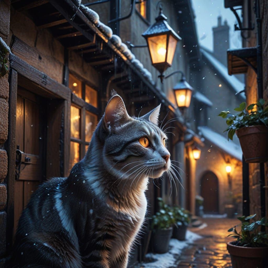 Mysterious Cat in Snowy Medieval Alleyway