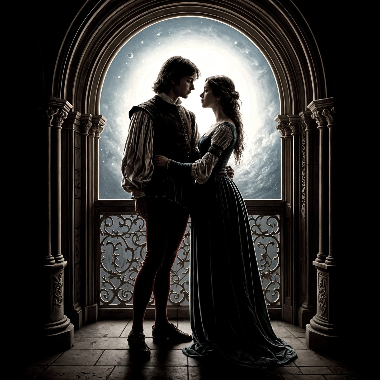 Romantic Medieval Couple Silhouetted on Moonlit Balcony