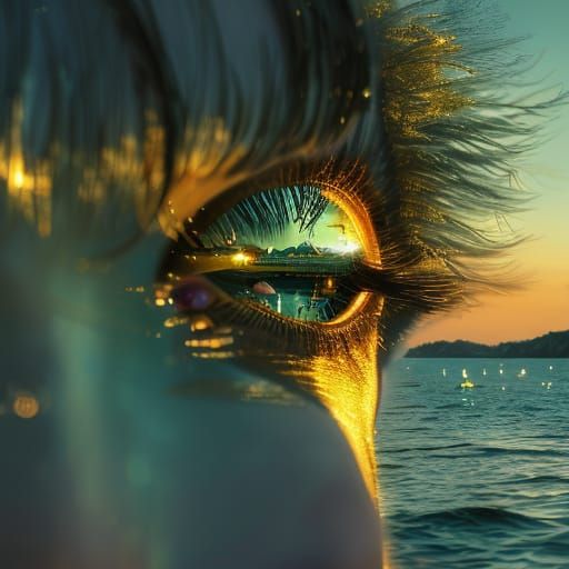 Serene Lake Scene at Sunset with Boats and a Golden Moon