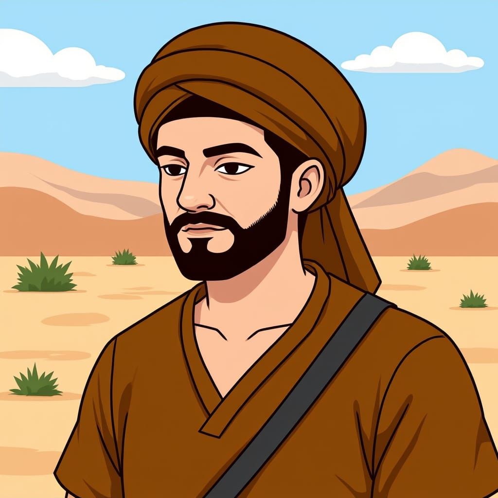 Stylized Desert Landscape with Man in Turban Illustration
