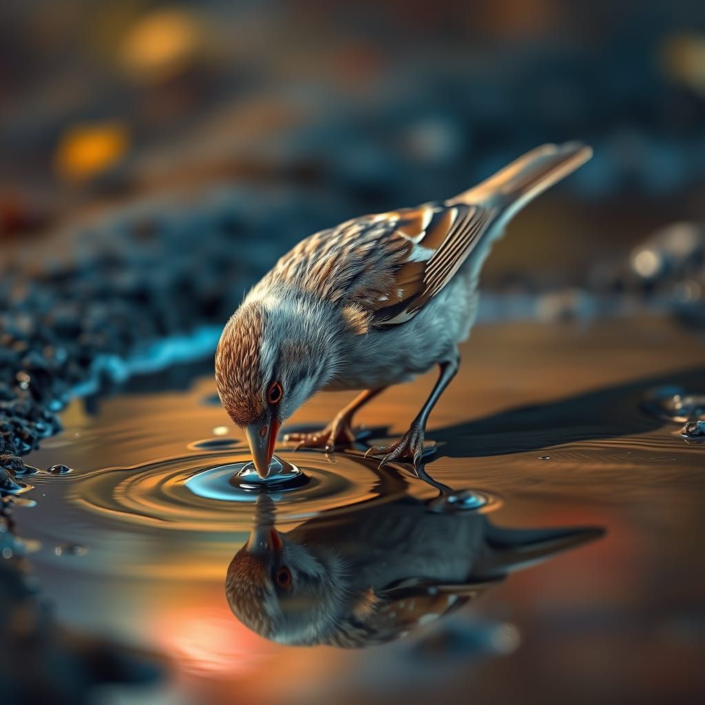 Sparrow Drinks From Stream in Splash Art Style