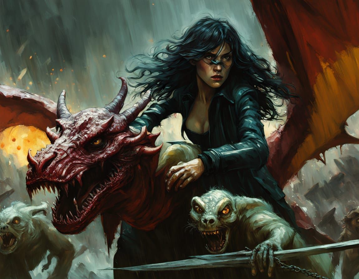 Goth Pirate Woman With Alien Egg On Dragon, Herding Gremlins