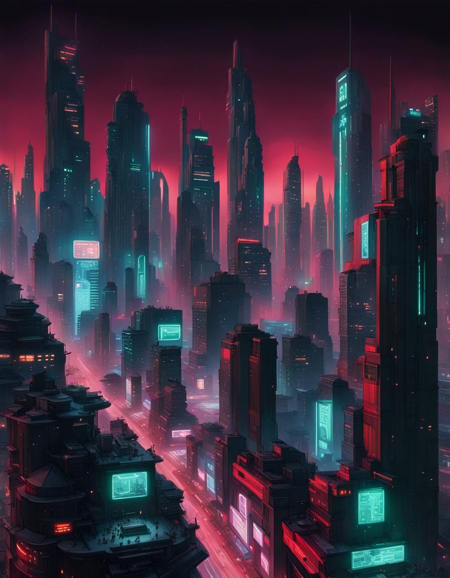 Cyberpunk Cityscape at Night in Crimson and Green