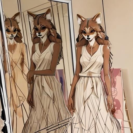 Furry Girl Shopping: Contour Drawing in Beige