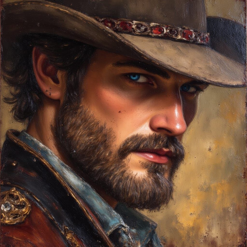 Rugged Cowboy Portrait with Icy Blue Eyes, Summer Colors