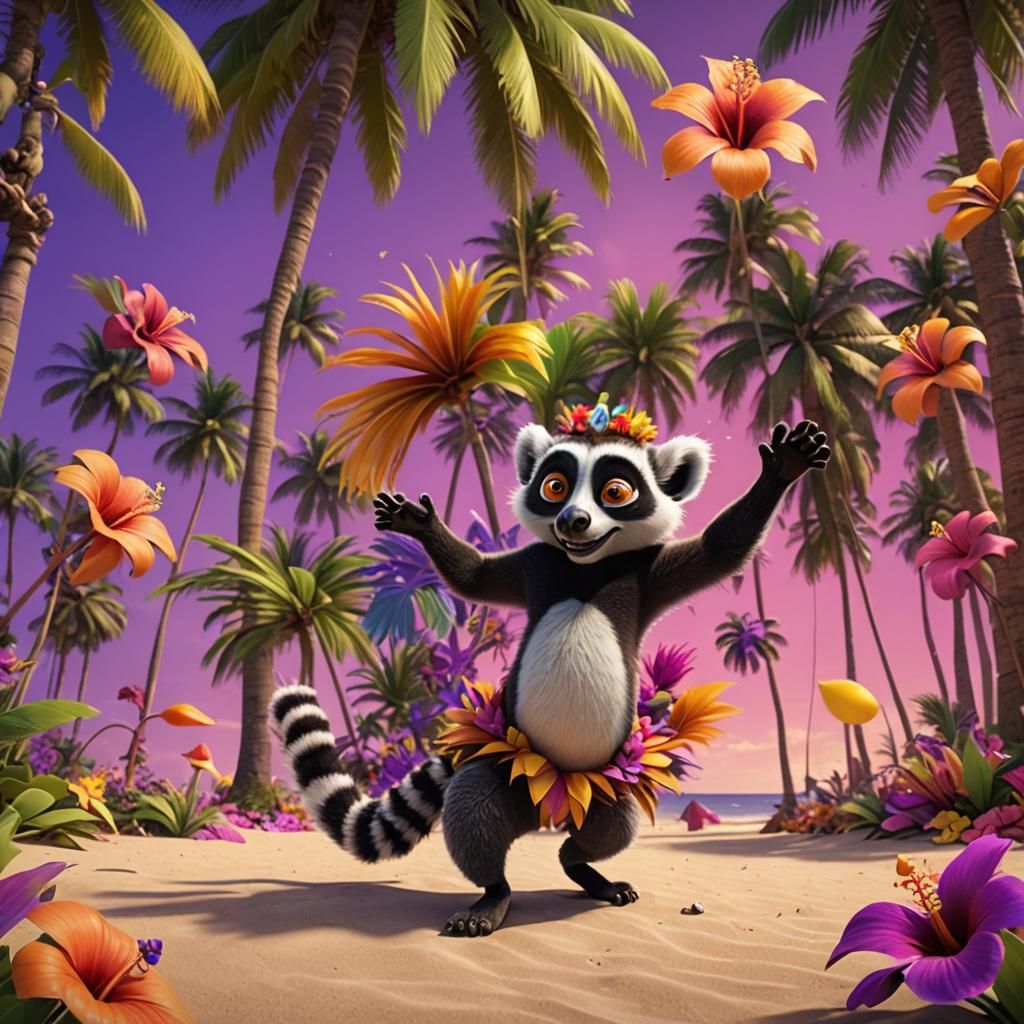 King Julian Dances on a Vibrant Beach: Pixar-Inspired 3D Art