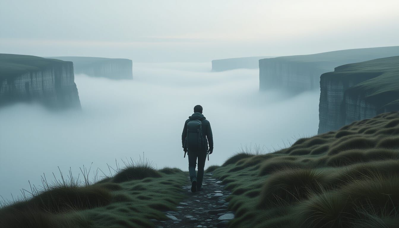 Lone Hiker Enters Misty Cliffs in Cinematic Wide Shot