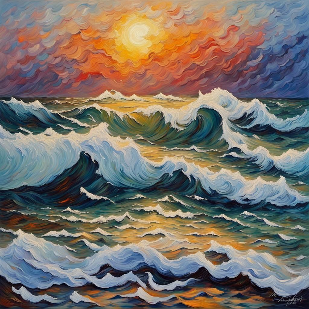 Colorful Ocean Waves in Neo-Impressionist Style
