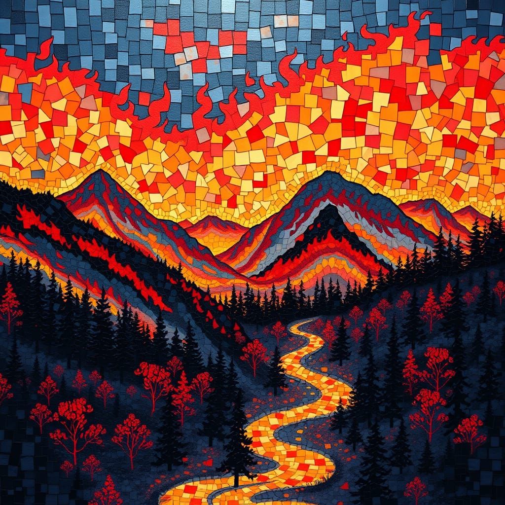 Fiery Mosaic Landscape in Artistic Style