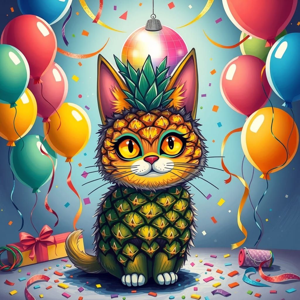 Vibrant Whimsical Pineapple Cat in a Colorful Party Scene