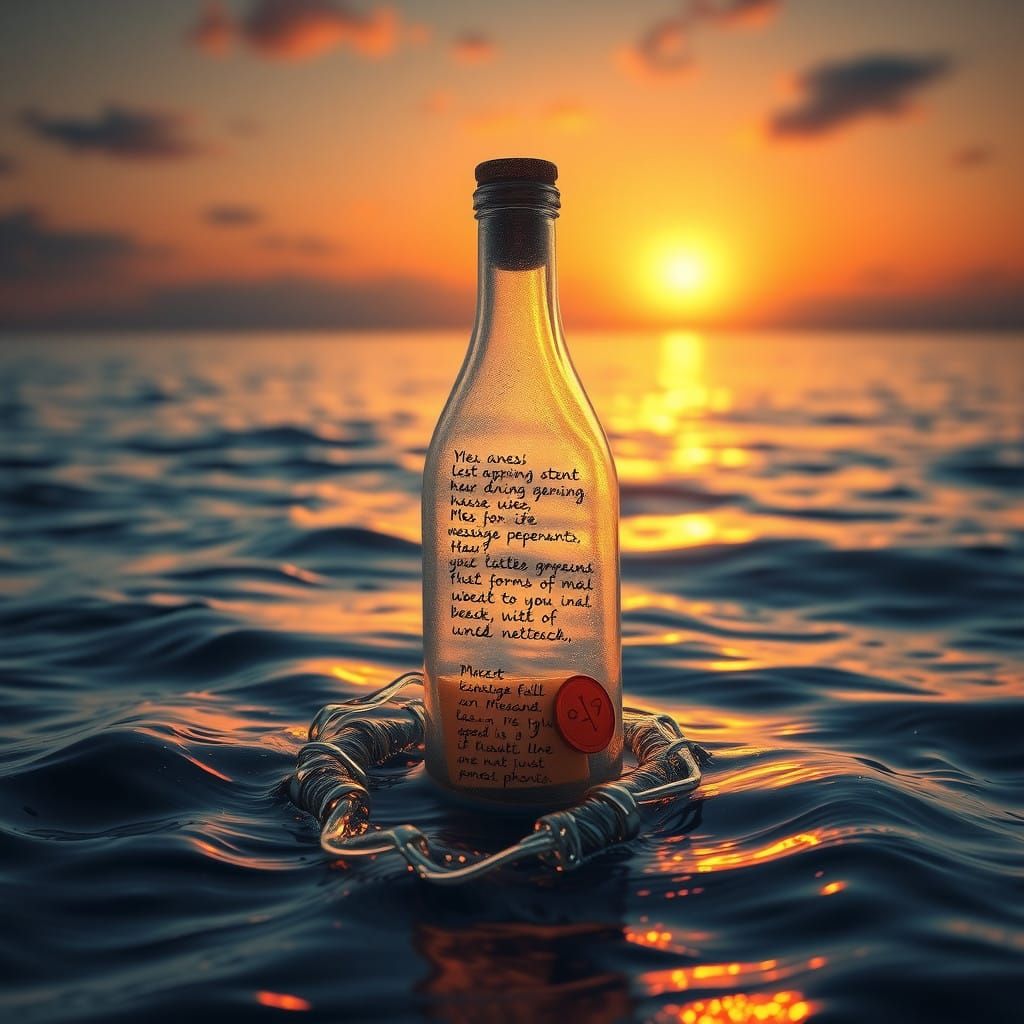 Whimsical Sunset Ocean Scene with Floating Message Bottle