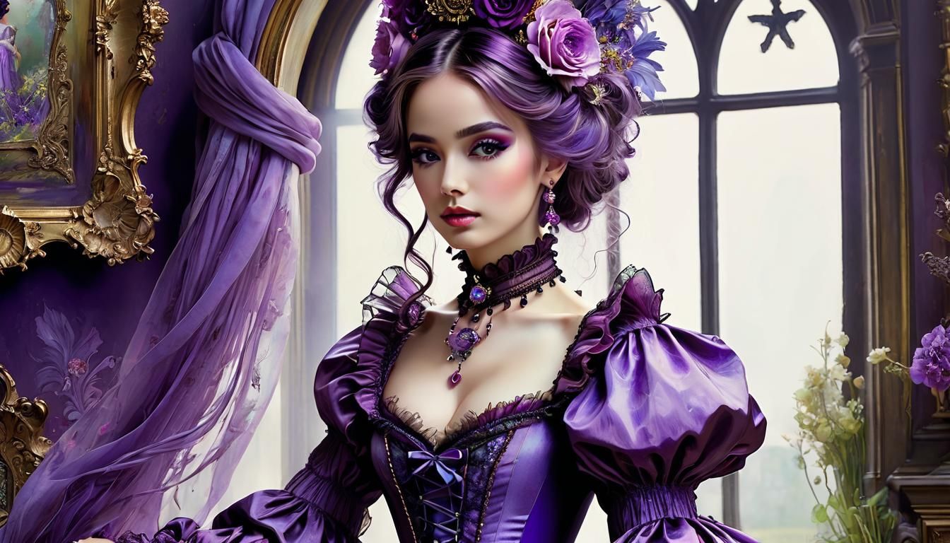 Whimsical Woman in Purple Victorian Dress, Anime Style