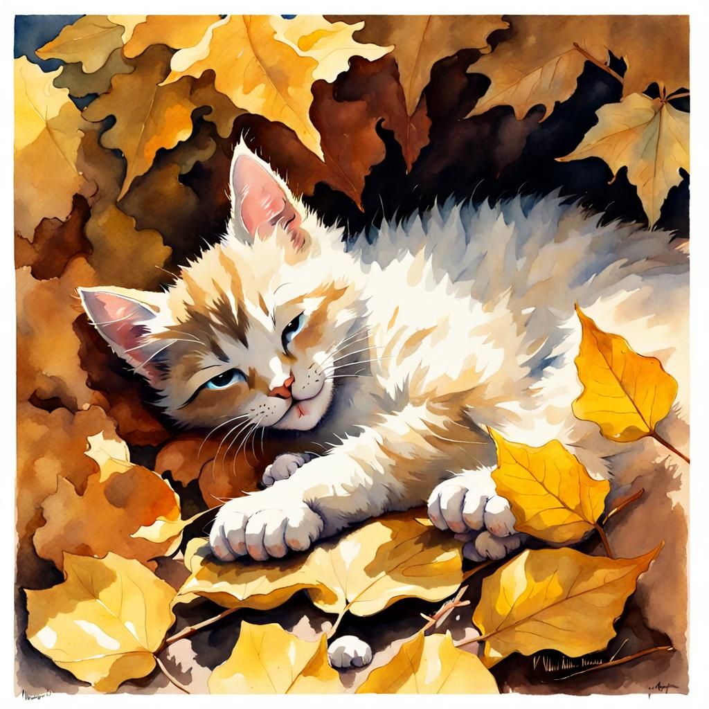 Cute Kitten Sleeping: Dreamy Watercolor Autumn Scene