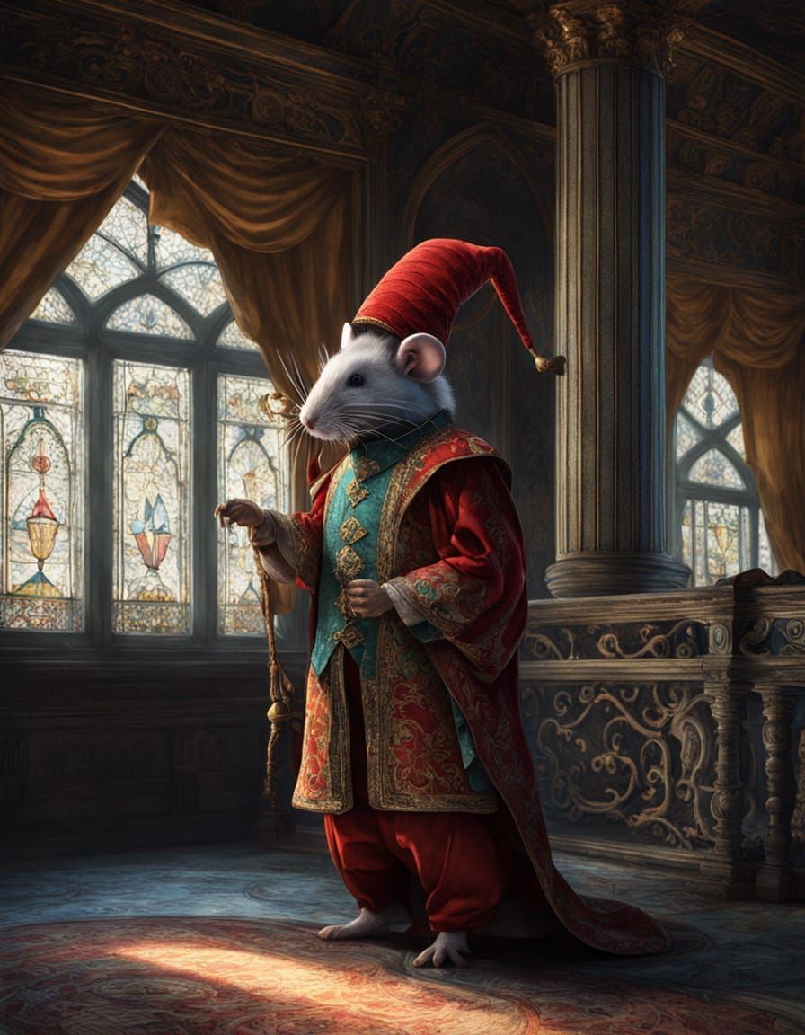 Majestic Mouse Jester Reigns in Ornate Palace