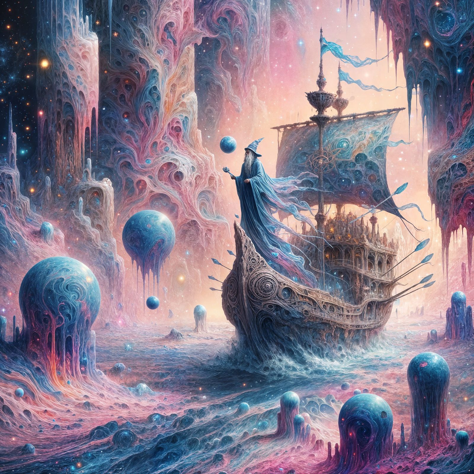 Divine Ship Glides Through Starlit Crystal Cave