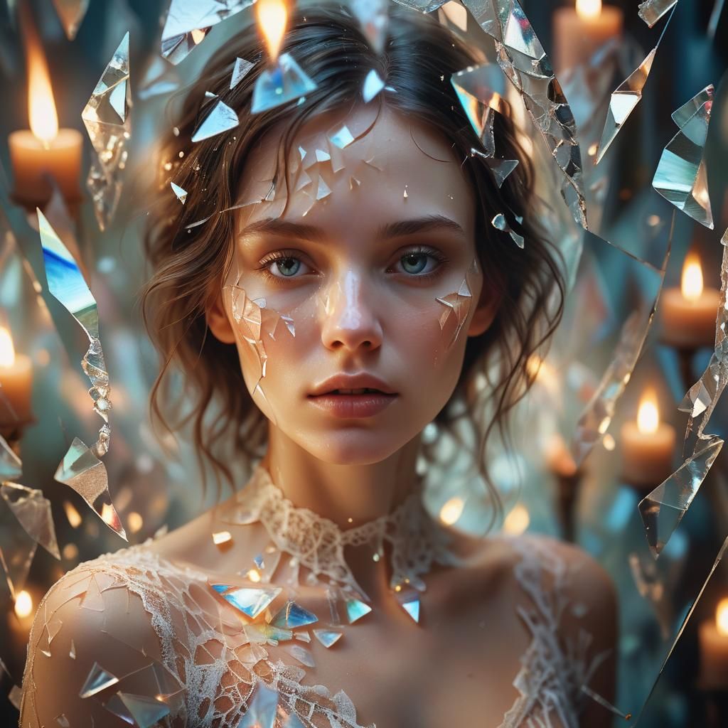 Surreal Woman Surrounded by Shattered Glass