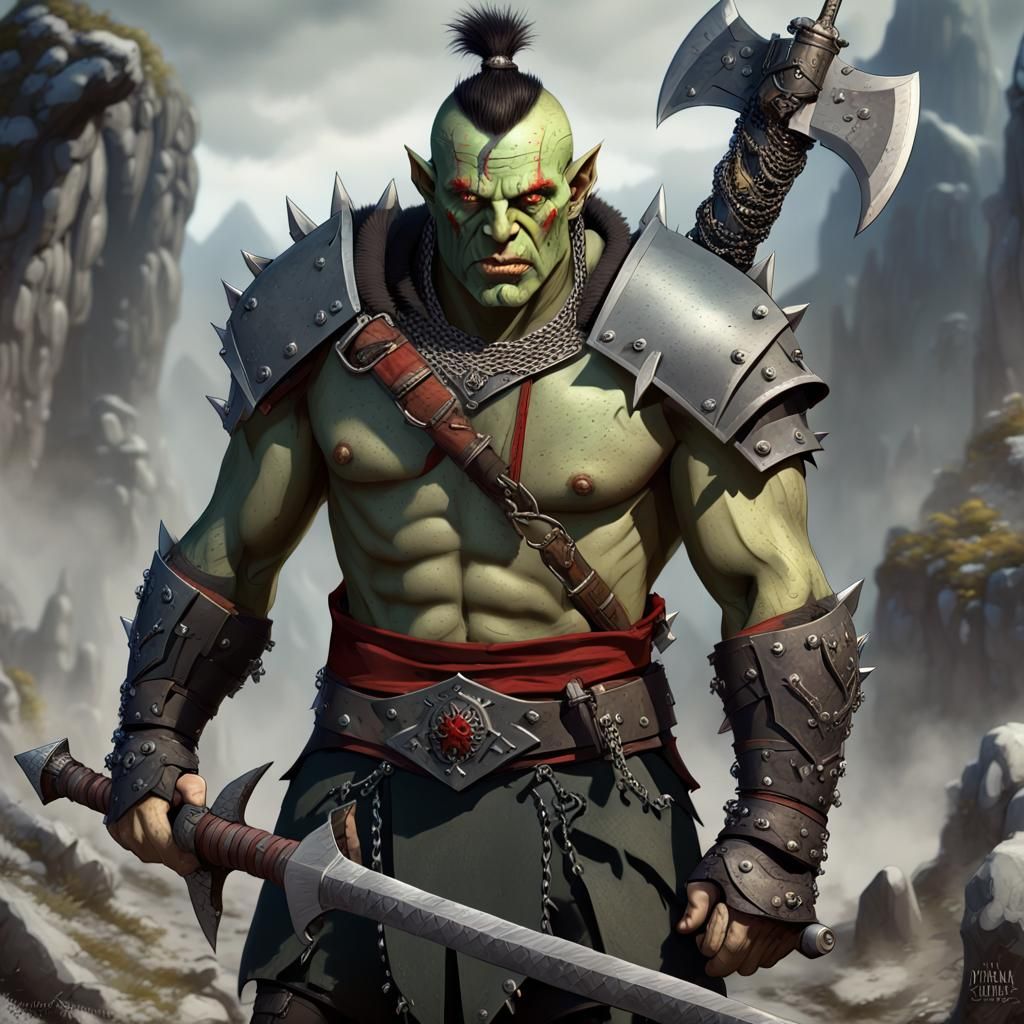 Half-Orc Warrior with Axes in Detailed Matte Painting