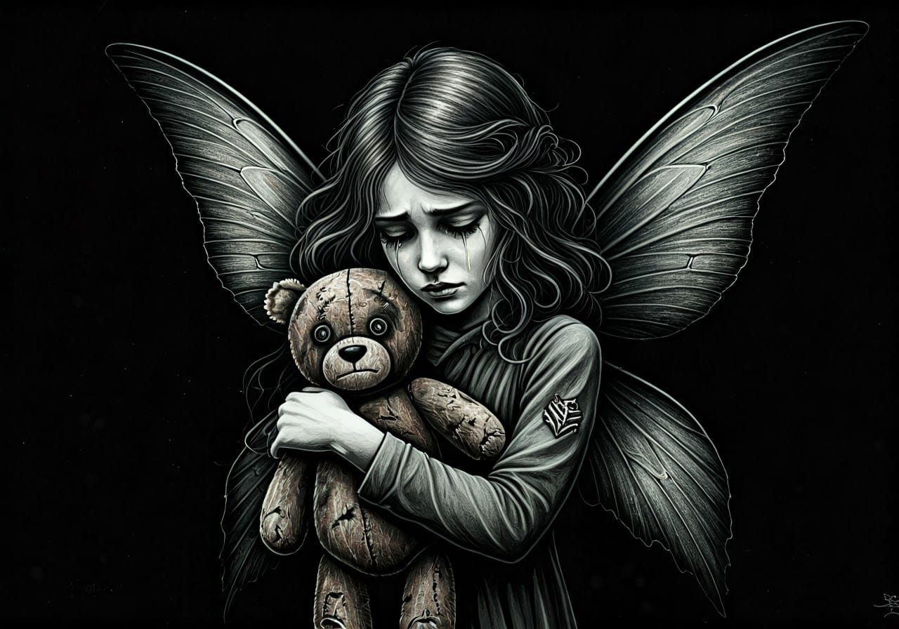 War Torn Fairy with Battlefield Teddy, in Smoky Scratchboard...