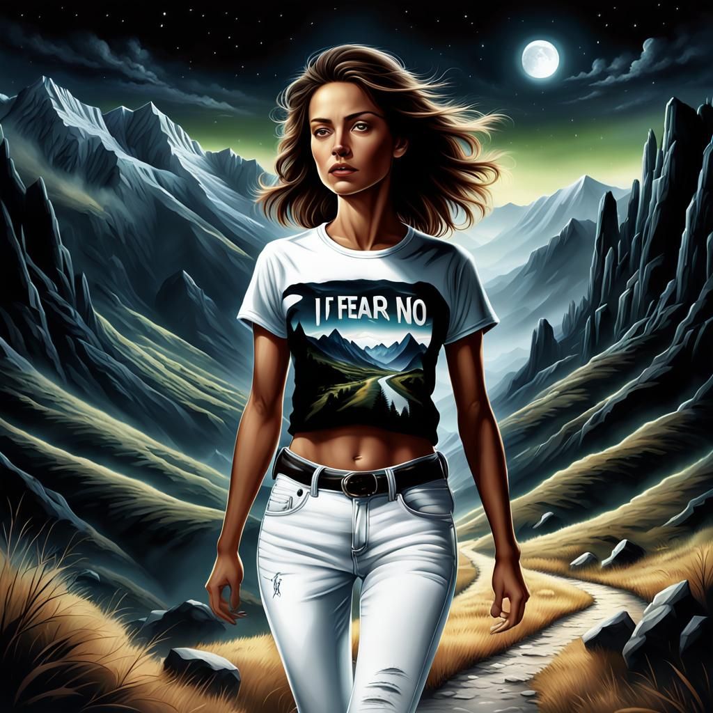 Italian Woman Walks in Dark Valley: Digital Airbrush Art