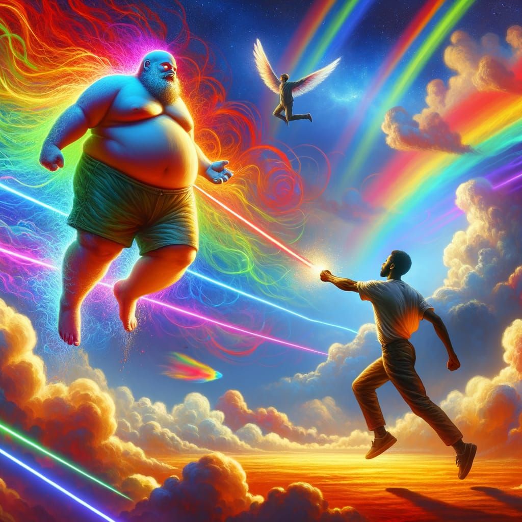 Flying Figures Engage in Vibrant Laser Battle Amidst Rainbow...