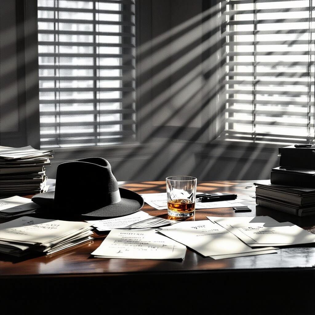 Noir Detective Office with Fedora and Whiskey