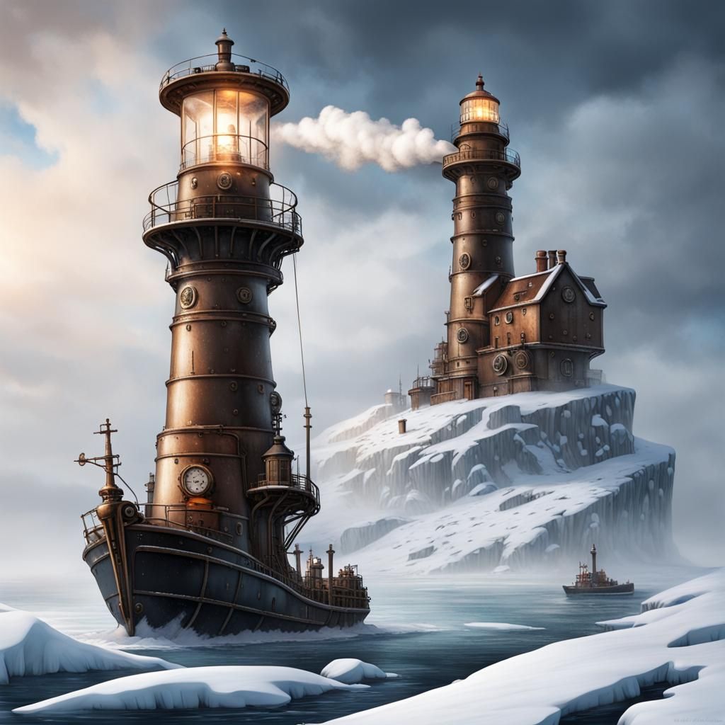 a snow-covered, steam-powered lighthouse guiding ships through a frozen sea.
