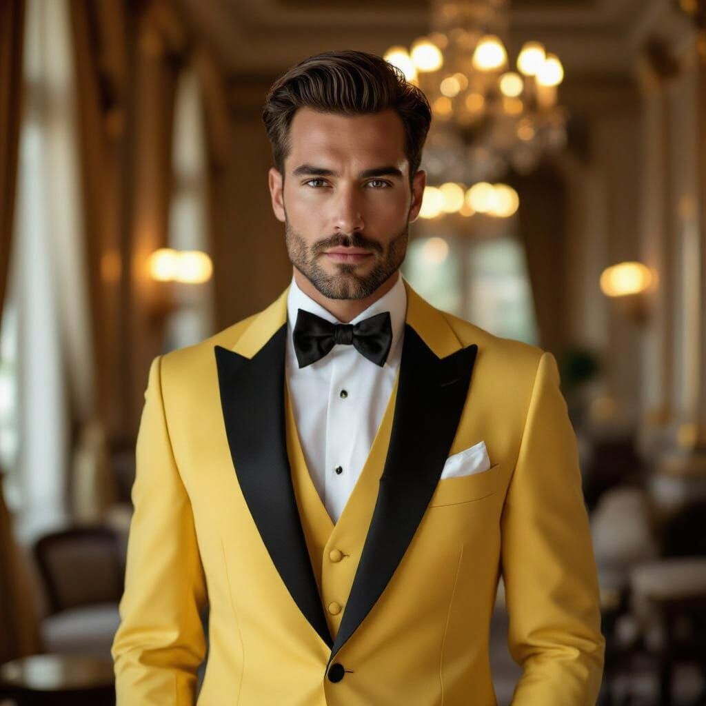 Groom in Light Yellow Suit with Black Embroidered Tie