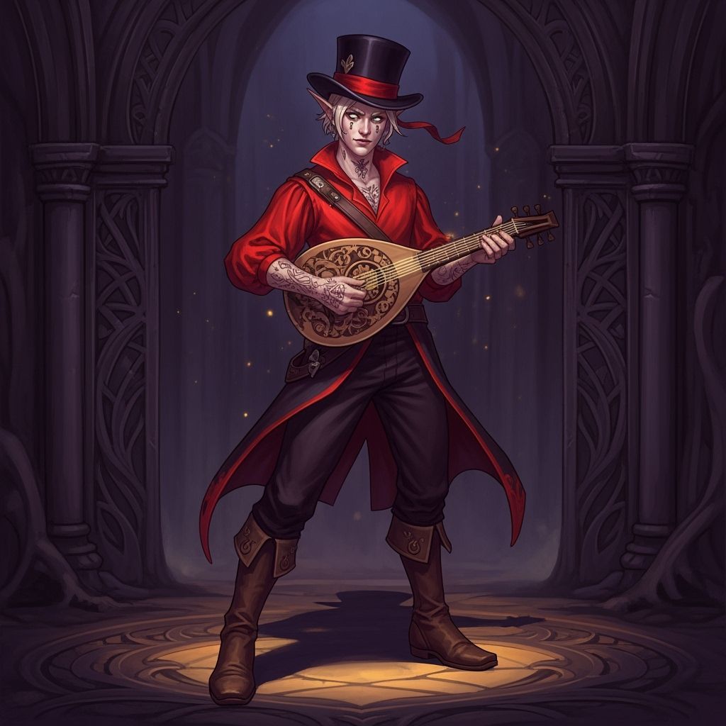 Elf Bard with Lute in Dark Fantasy Style