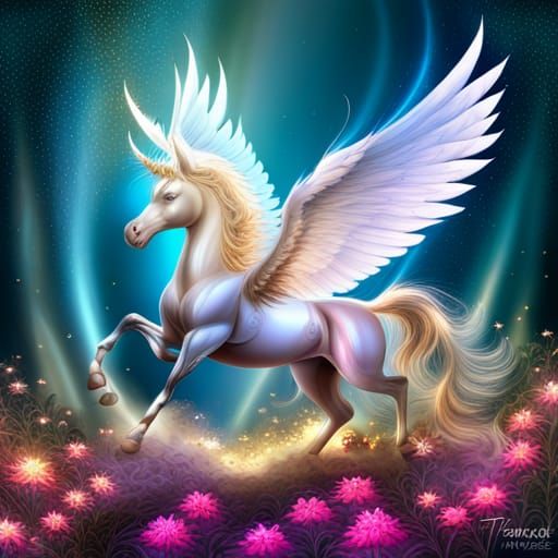 Sparkly Winged Unicorn Pegasus Made of Fractal Gems
