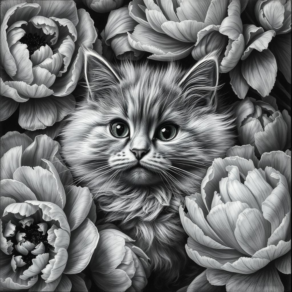 Grey Cat in Charcoal with Peonies