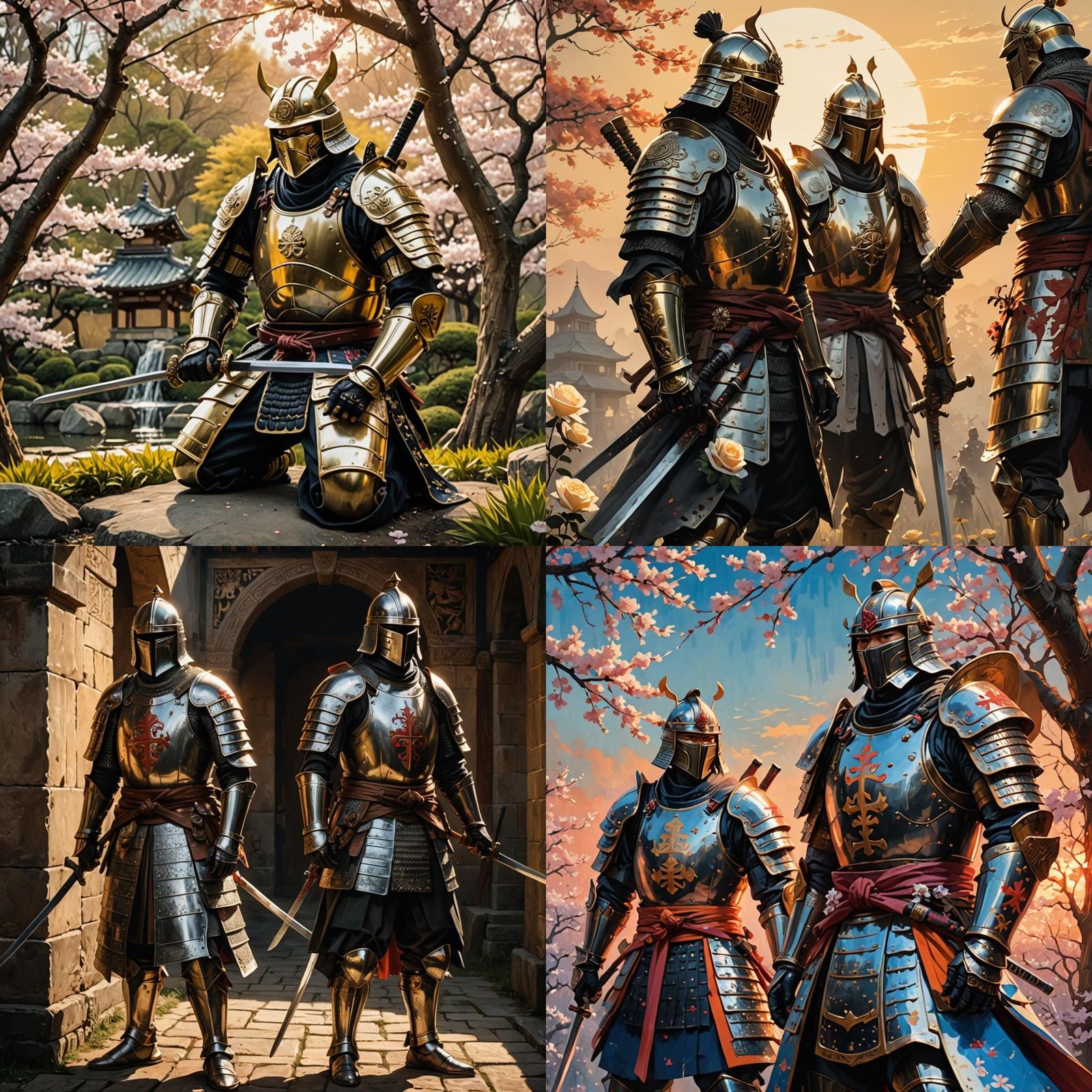 Knights Templar and Samurai Fusion with White Rose