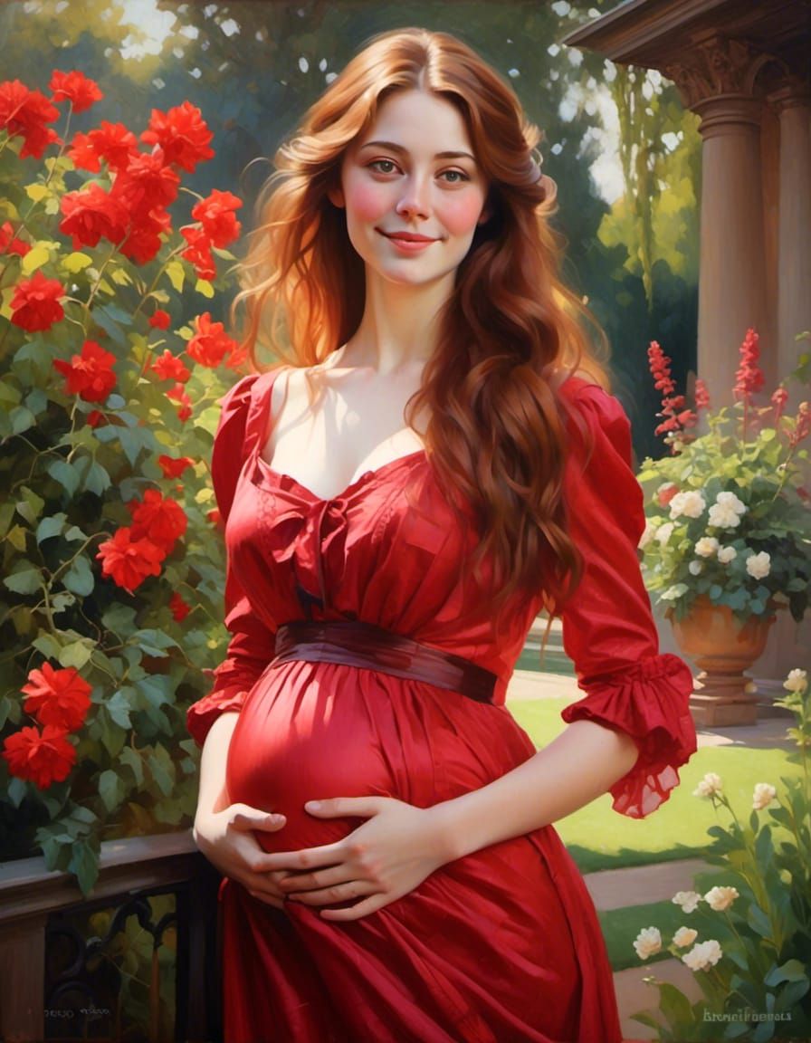 Joyful Pregnant Victorian Woman in Garden Portrait