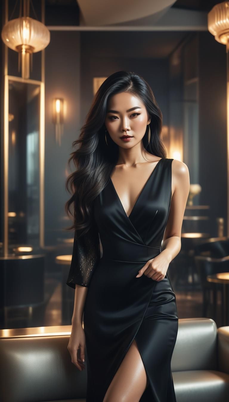 Elegant Asian Woman Portrait in Retro Synthwave Style