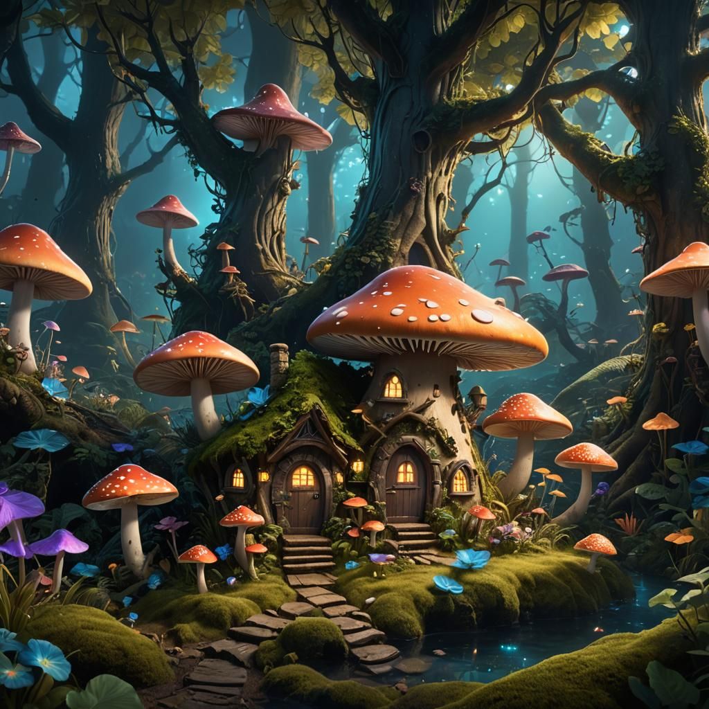 Enchanted Bioluminescent Forest: Fairy Mushroom House