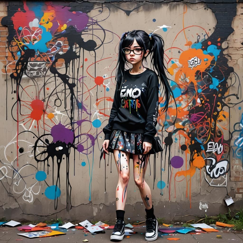 Emo Teen Graffiti Art with Pigtails and Glasses