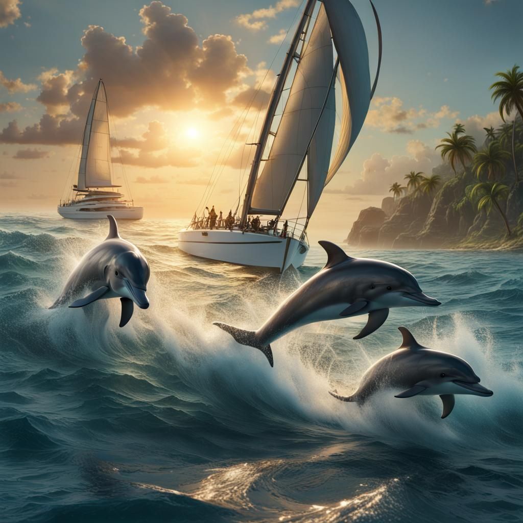 Dolphins and Catamaran in Dark Fantasy Style