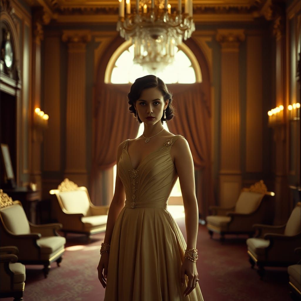 Elegant Woman Rosemary in Ornate Interior, Cinematic Still