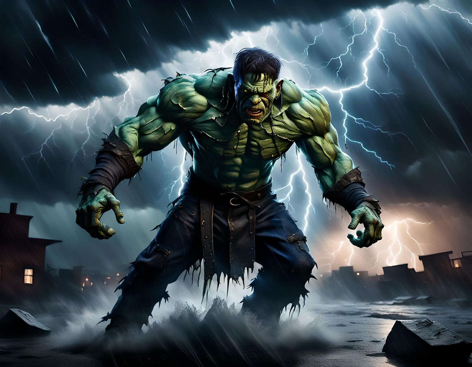 Muscular Frankenstein's Monster in a Thunderstorm